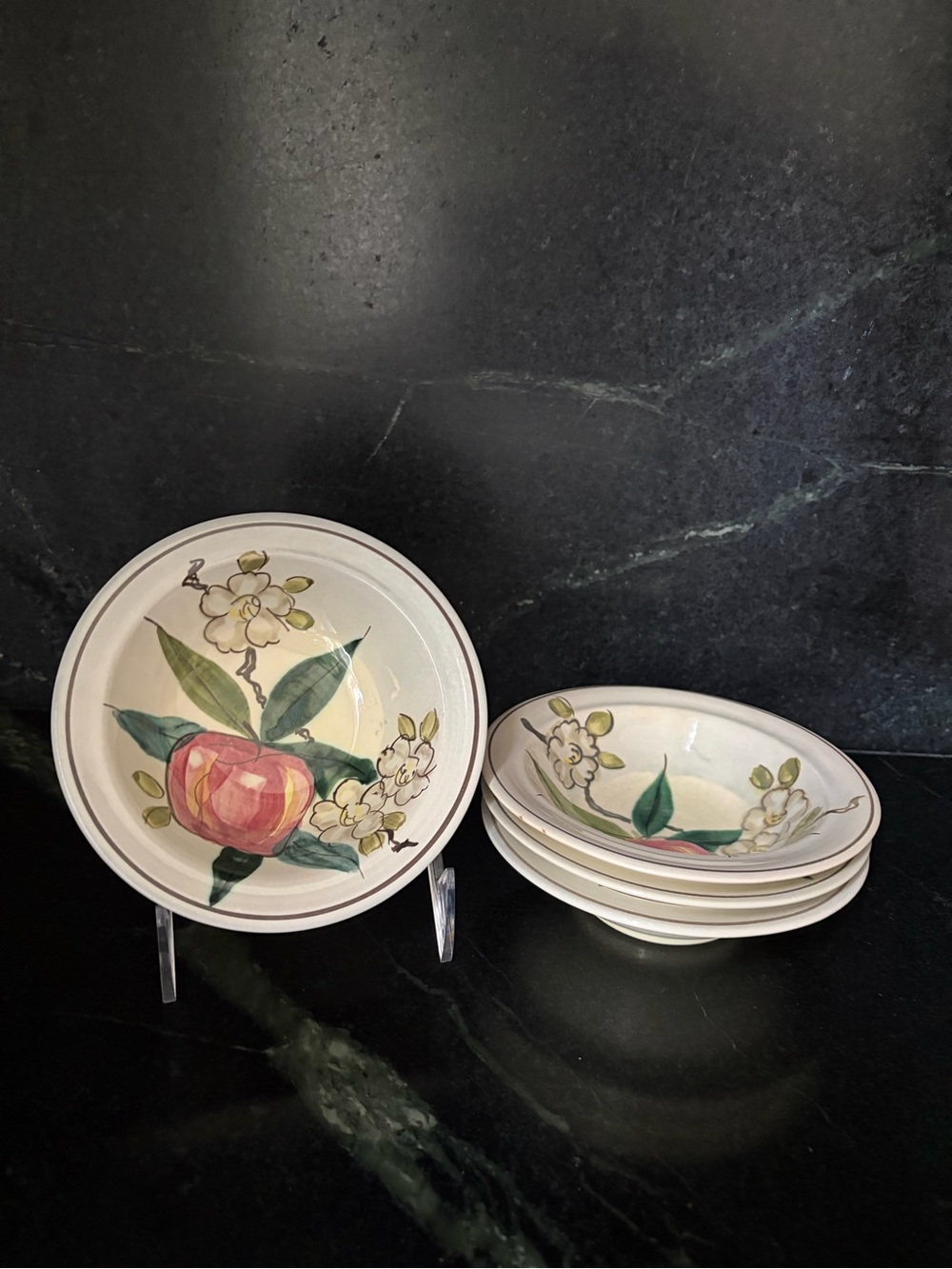 Hand-Painted Red Wing Normandy stoneware fruit bowl set of four apple blossom